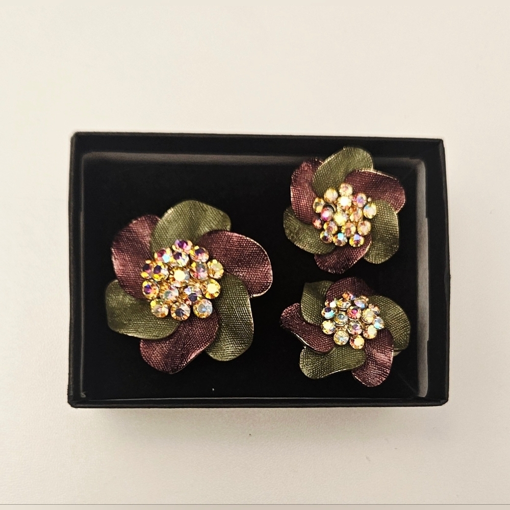 Floral Rhinestone Brooch Clip On Earrings Set Aurora Borealis Statement Jewelry
